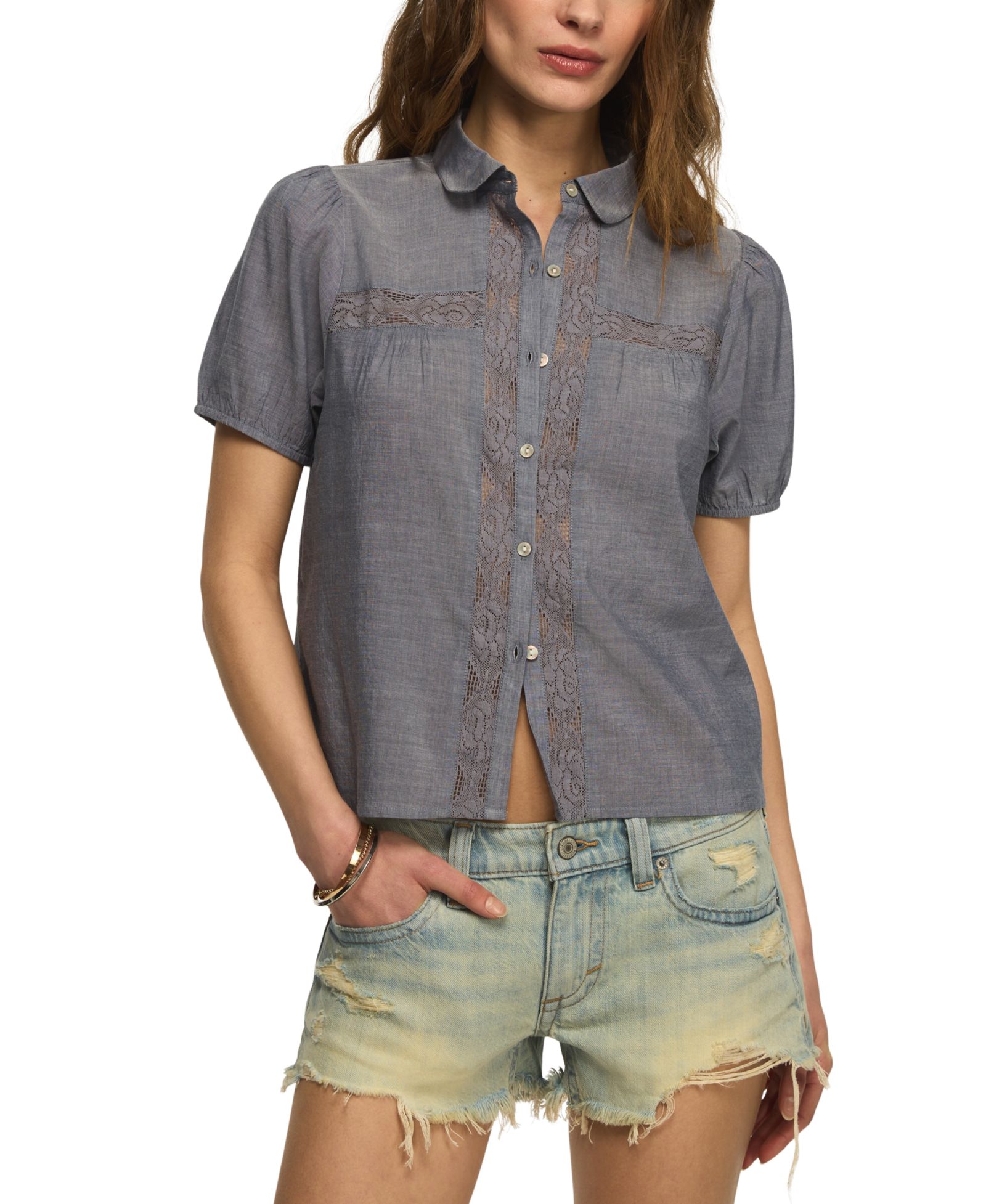 Lucky Brand Women's Embroidered Peter Pan Collar Top