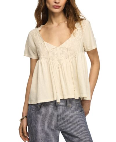 Lucky Brand Women's Short-Sleeve Embroidered Yoke Tassel Top