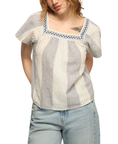 Lucky Brand Women's Striped Square Neck Embroidered Top