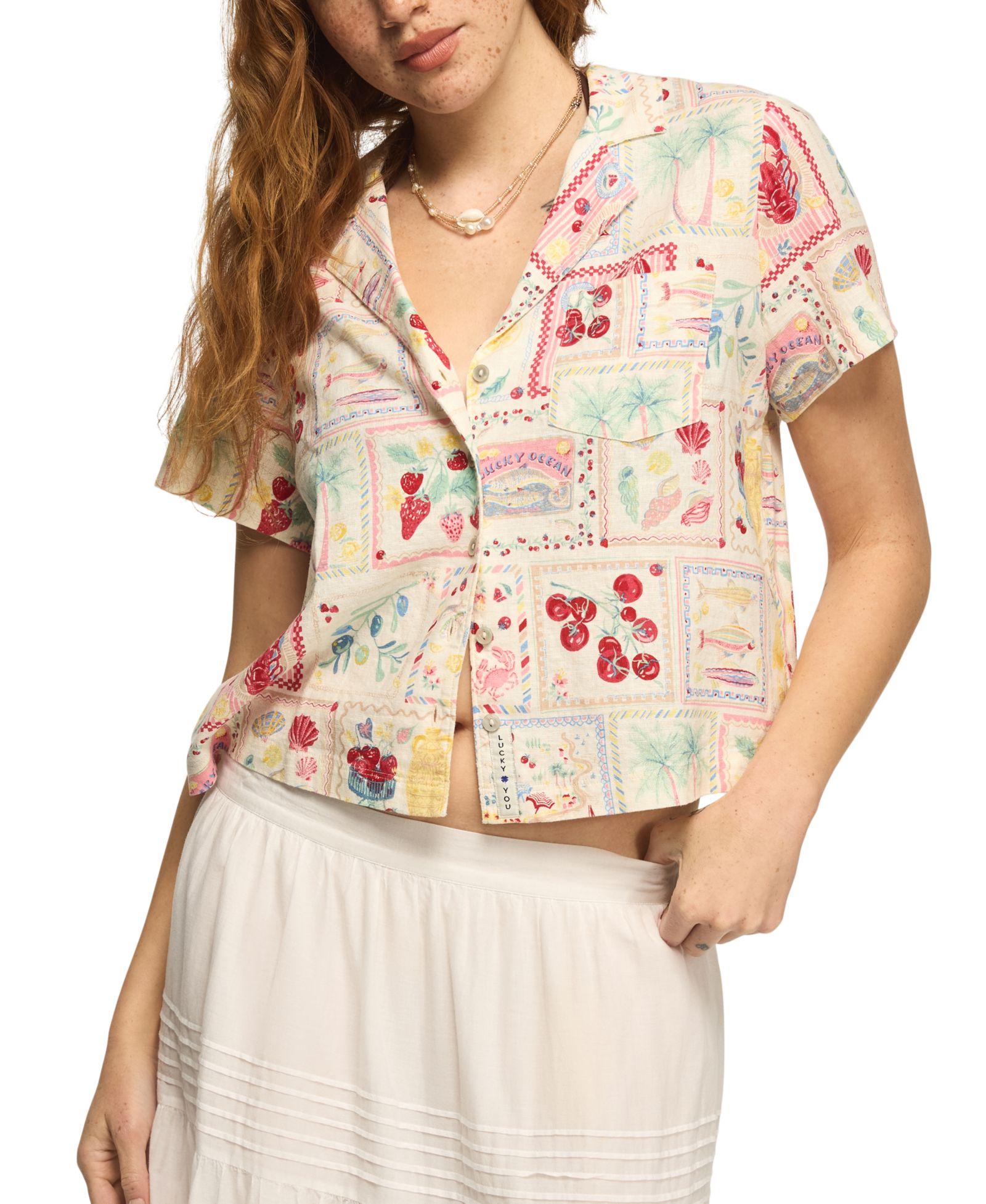 Lucky Brand Women's Printed Camp Collar Button-Front Top