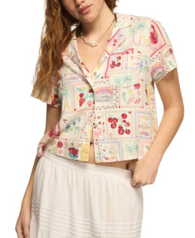 Lucky Brand Women's Printed Camp Collar Button-Front Top