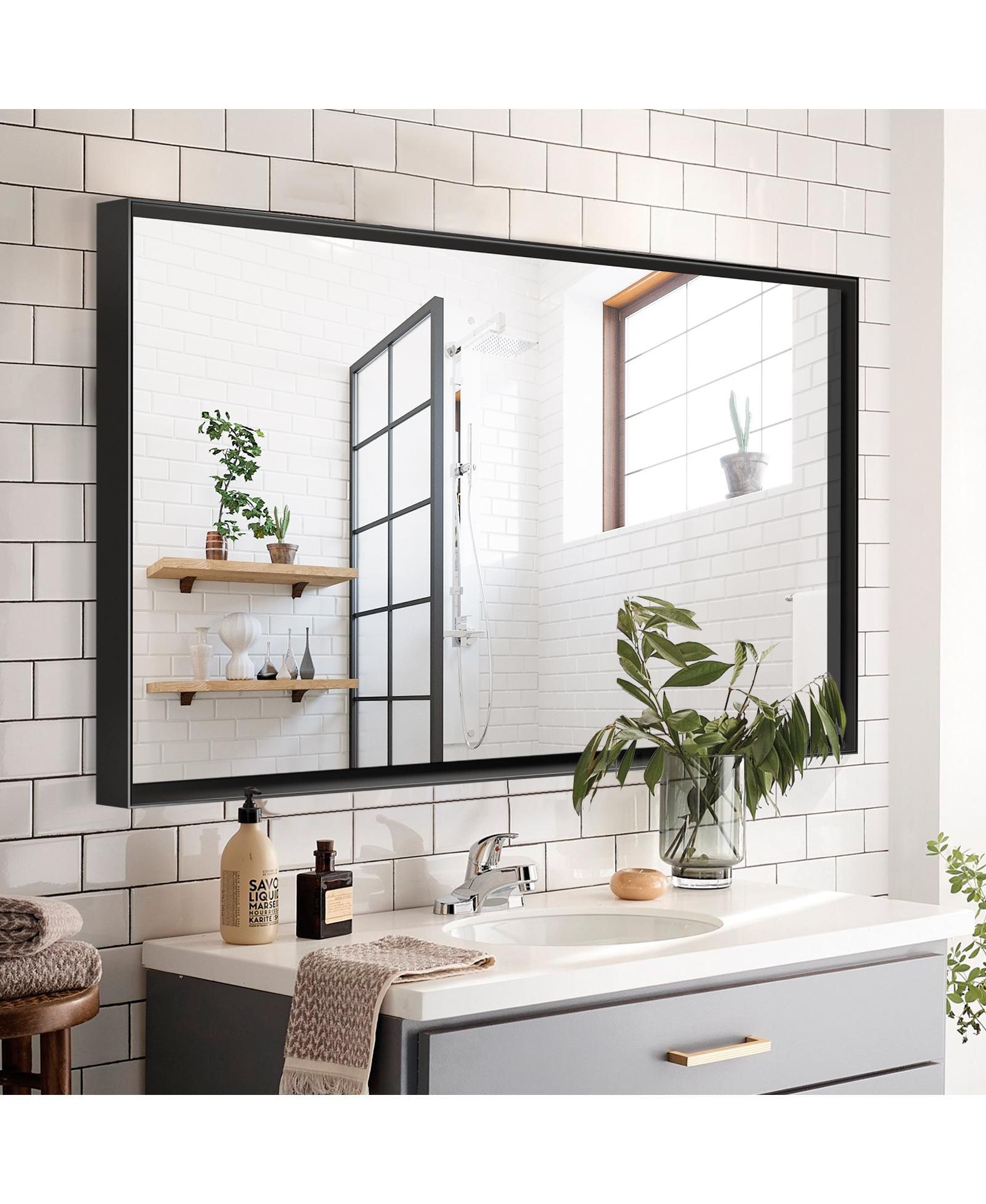 BUSDAYS 36 x 30 Inch Glossy Bathroom Mirror Rectangle Vanity Mirror Metal Framed Farmhouse Style Hangs Horizontal or Vertical