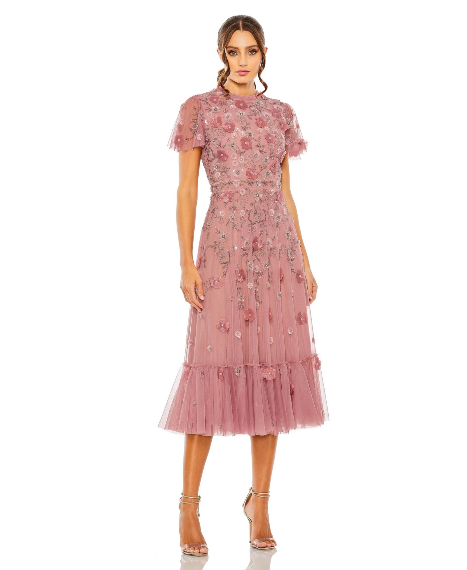 Женское платье Mac Duggal Petite Embellished High Neck A-Line с воланыстами