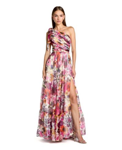 Mac Duggal Women's Side Cut Out One-Shoulder Floral Chiffon Gown