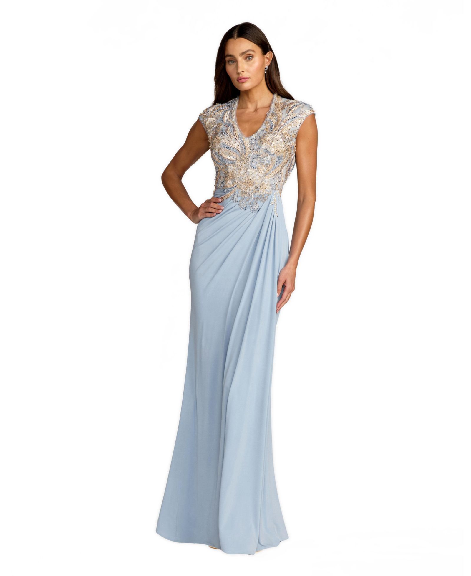 Mac Duggal Women's Beaded V-Neck Evening Gown with Embellished Bodice