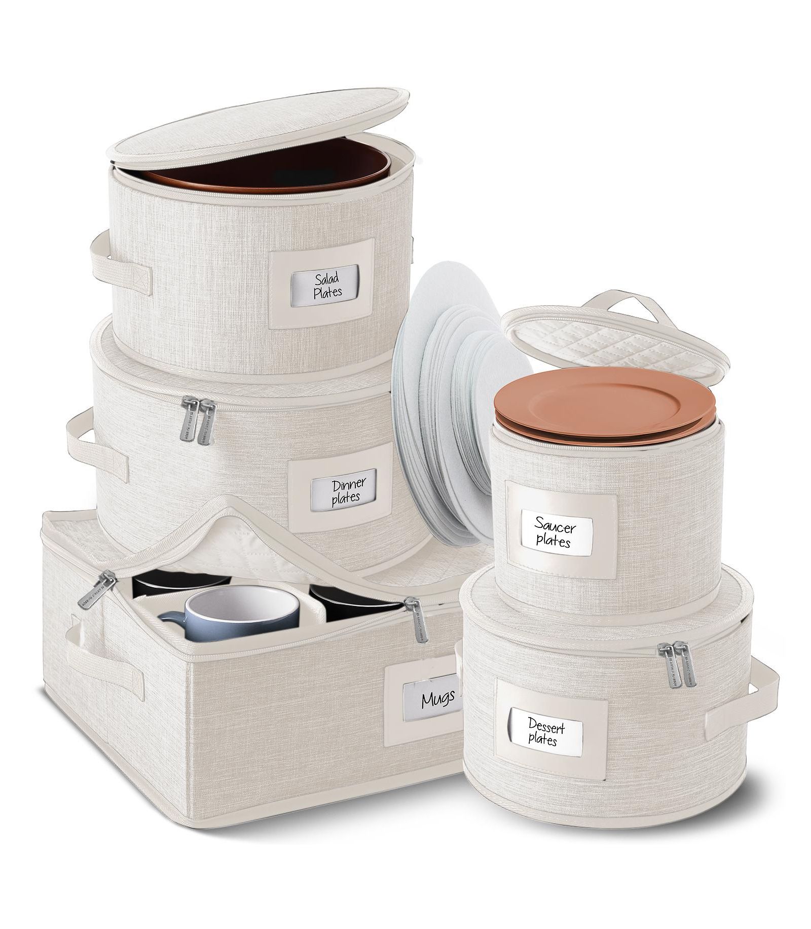 StorageBud Fine China Storage Containers, 5 Piece Quilted Dish Storage Containers, Mug, Cup, and Plate Dish Organizer with Felt Dividers