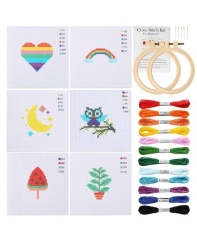 GNUADZ Cross Stitch Beginner Kit Kids 7-13 6 Project Patterns 2 Hoops 12 Skeins Starter Sewing Set Christmas Gift