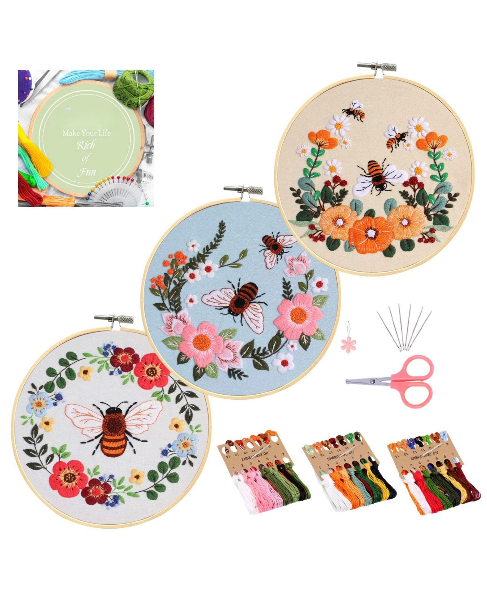 GNUADZ 3 sets Embroidery Kit Beginners Needlepoint Cross Stitch DIY Floral Pattern Hoop Thread Pothos Series
