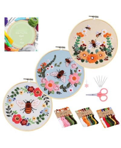 GNUADZ 3 sets Embroidery Kit Beginners Needlepoint Cross Stitch DIY Floral Pattern Hoop Thread Pothos Series