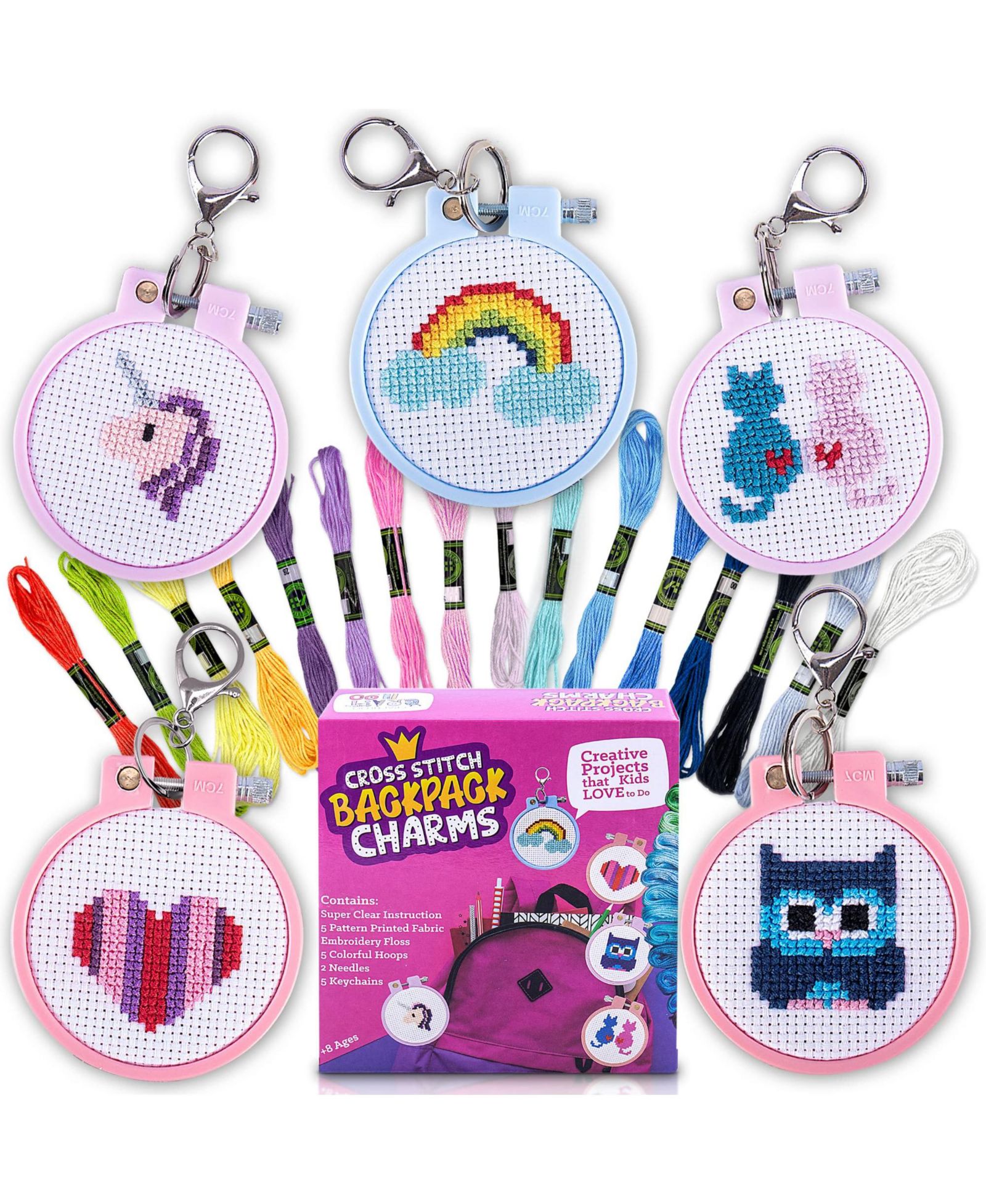 GNUADZ 5 kits Cross Stitch Backpack Charms Keychains Embroidery Kit Beginners Kids Needlepoint Craft