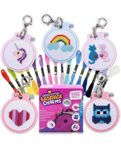 GNUADZ 5 kits Cross Stitch Backpack Charms Keychains Embroidery Kit Beginners Kids Needlepoint Craft