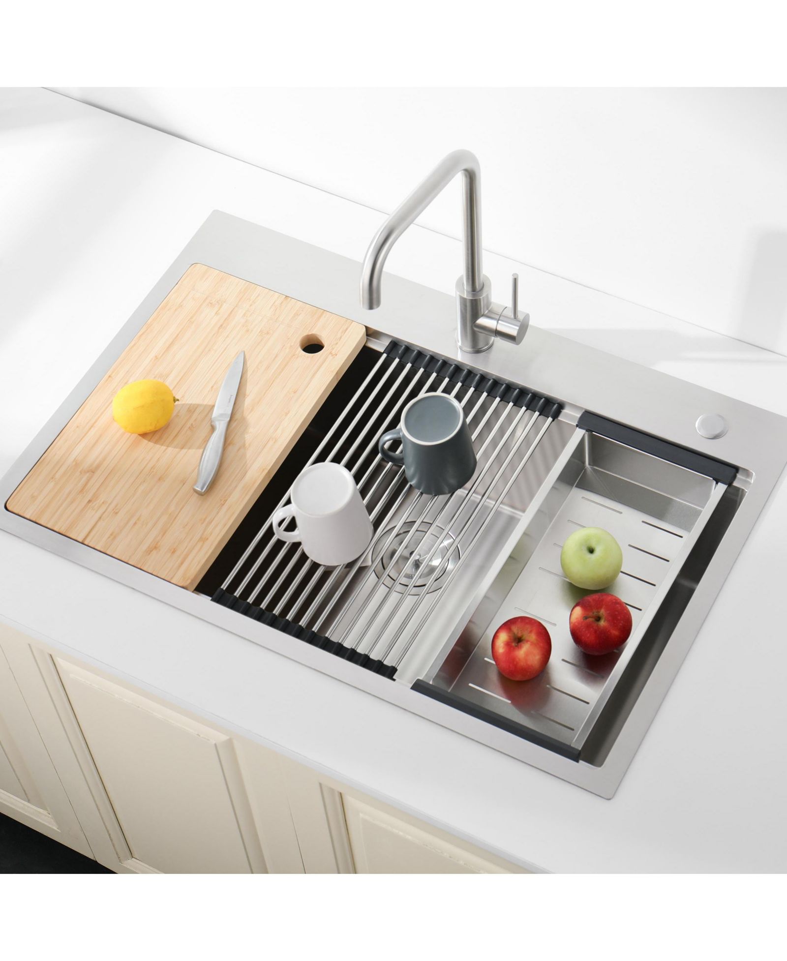 BUSDAYS Stainless Steel Kitchen Sink, Single Bowl, Overmount Handmade Sink in Brushed, with Cutting Board, Colander