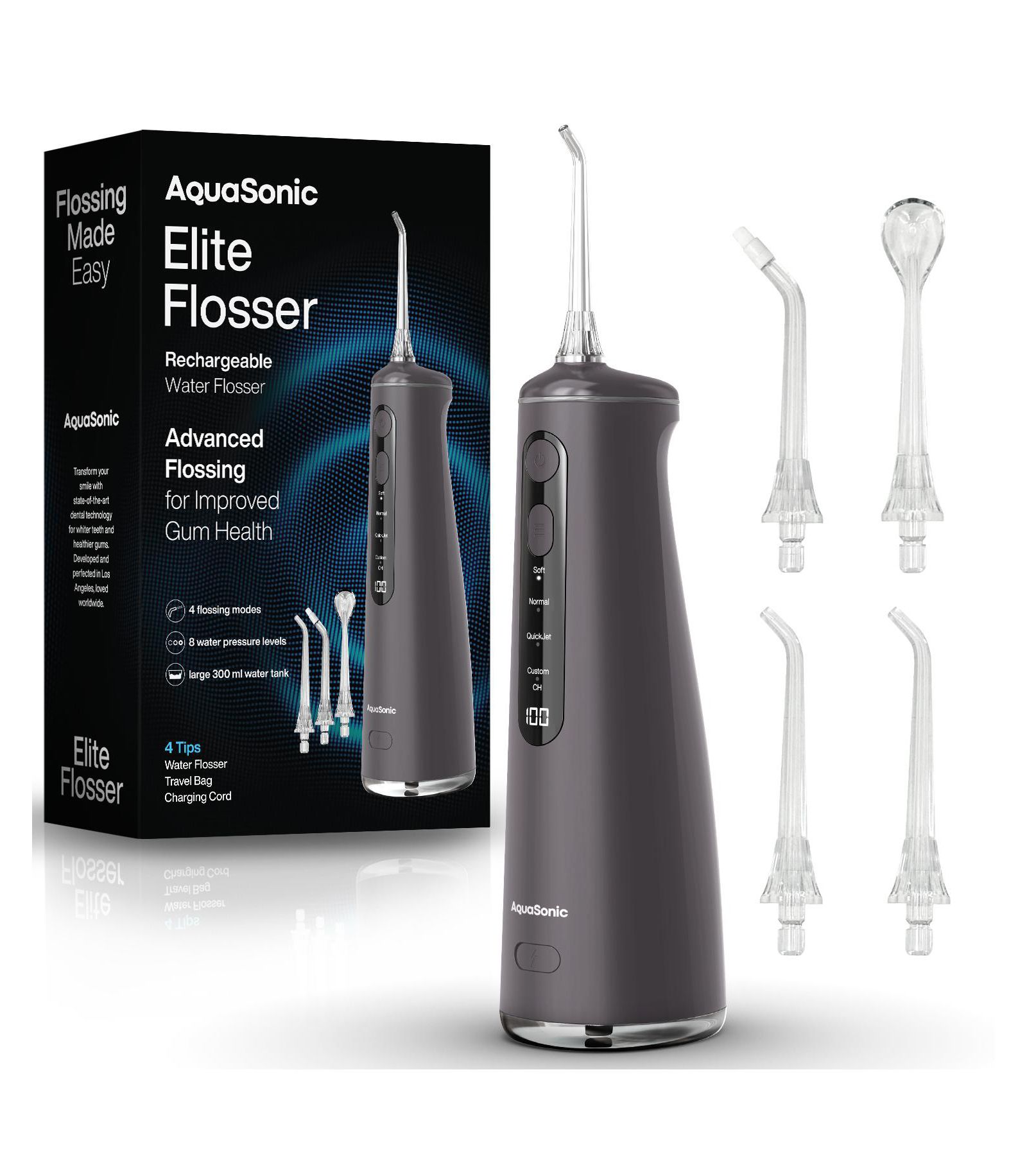 AquaSonic Elite Rechargeable Water Flosser - 300ml Tank, 4 Tips, Travel Bag