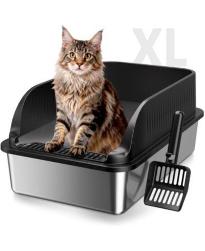 ARONKL Extra Large Stainless Steel Cat Litter Box Odor Free High Sides With Scoop Easy Cleaning Anti Leak Non Stick