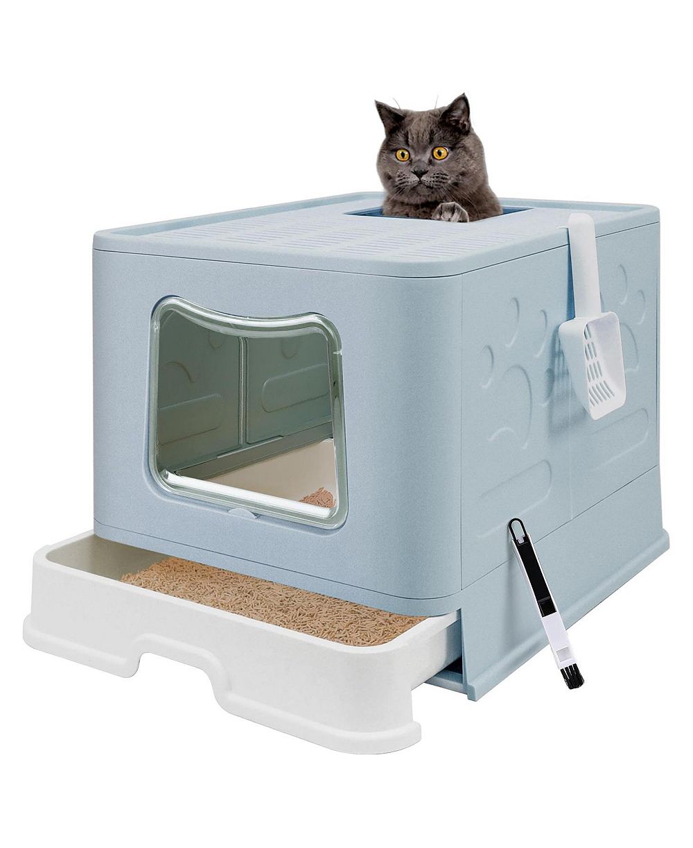 ARONKL закрытый лоток для кошачьего туалета, складной, с верхним входом и щеткой 2-in-1