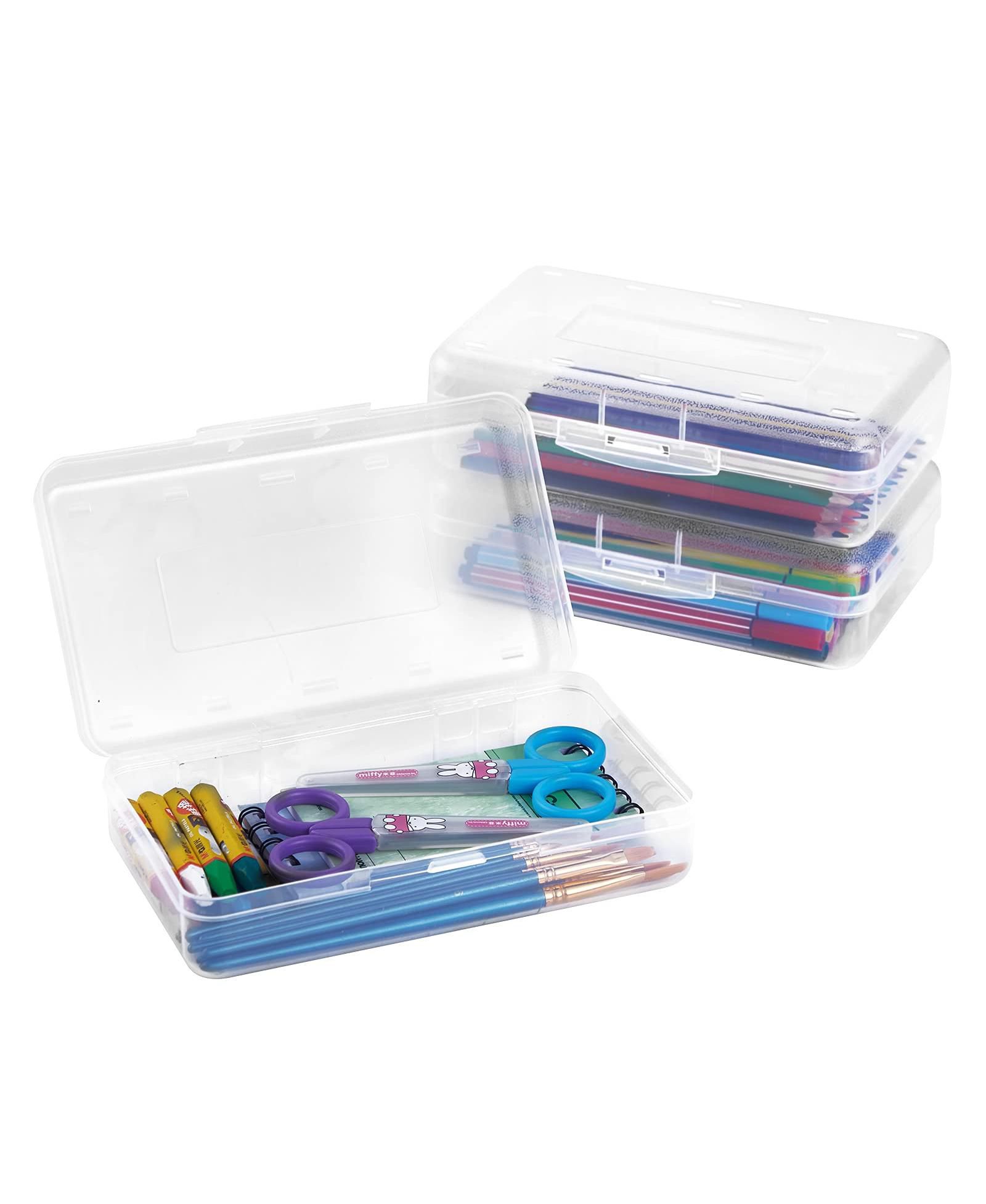 GNUADZ 3 Pack Pencil Case Hard Box Clear Pen Organizer Plastic Storage Container Snap Lid Art School Supplies