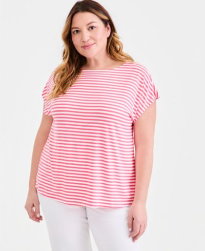 Style & Co Plus Striped Short-Sleeve Mixed-Media Tee, Macy's Exclusive