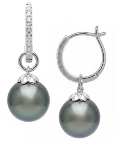 Серьги-подвески Macy's Cultured Tahitian Pearl (9mm) & Diamond (1/10 ct. t.w.) из 925 Sterling Silver
