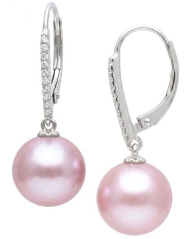 Macy's Cultured Freshwater Pearl (10mm) & Diamond (1/10 ct. t.w.) Drop Earrings in 14k White or Yellow Gold