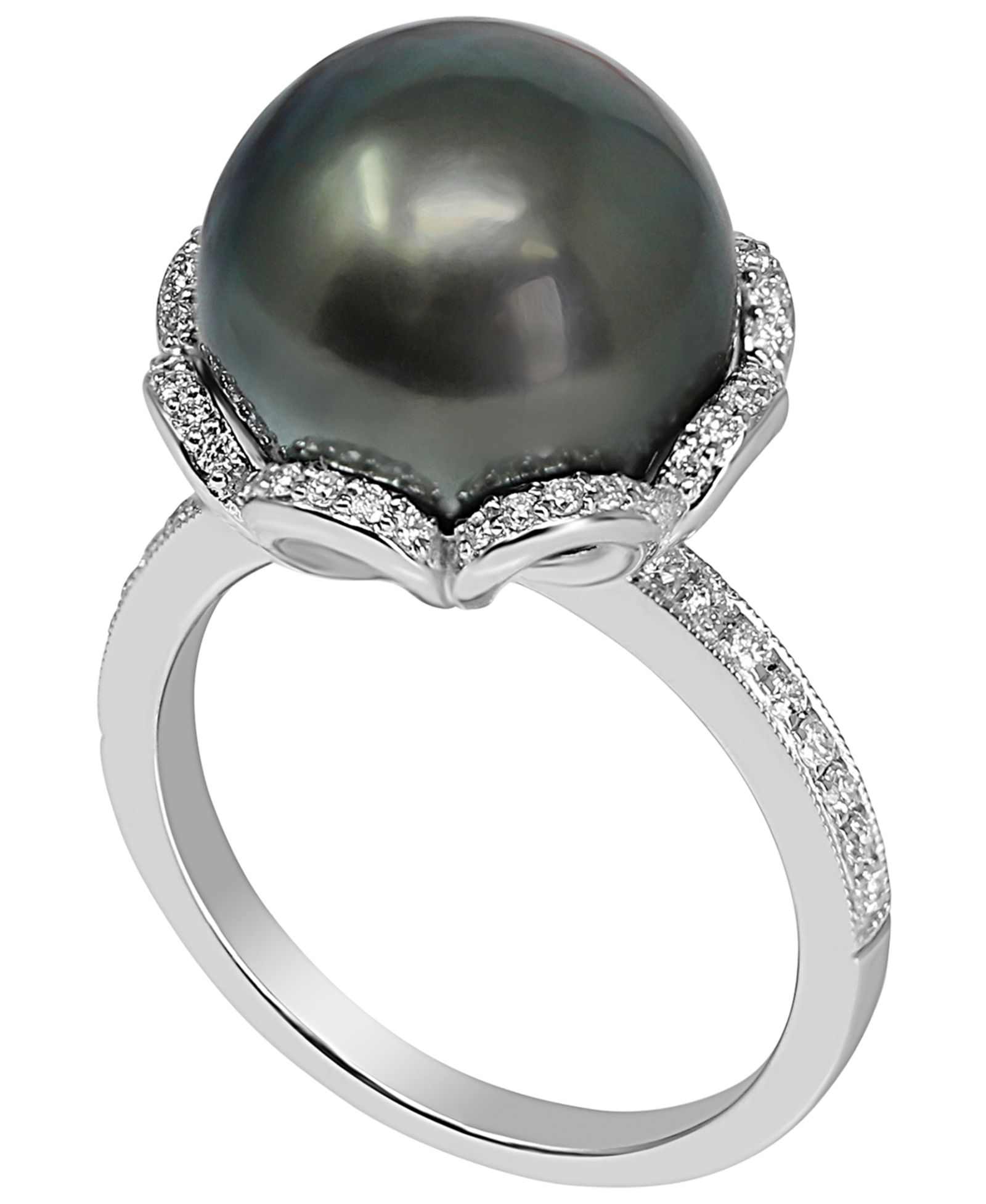 Macy's Cultured Tahitian Pearl (11mm) & Diamond (1/4 ct. t.w.) Ring in 925 Sterling Silver