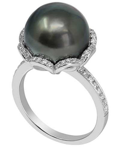 Кольцо с таитянской жемчужиной (11mm) и бриллиантом (1/4 ct. t.w.) из стерлингового серебра