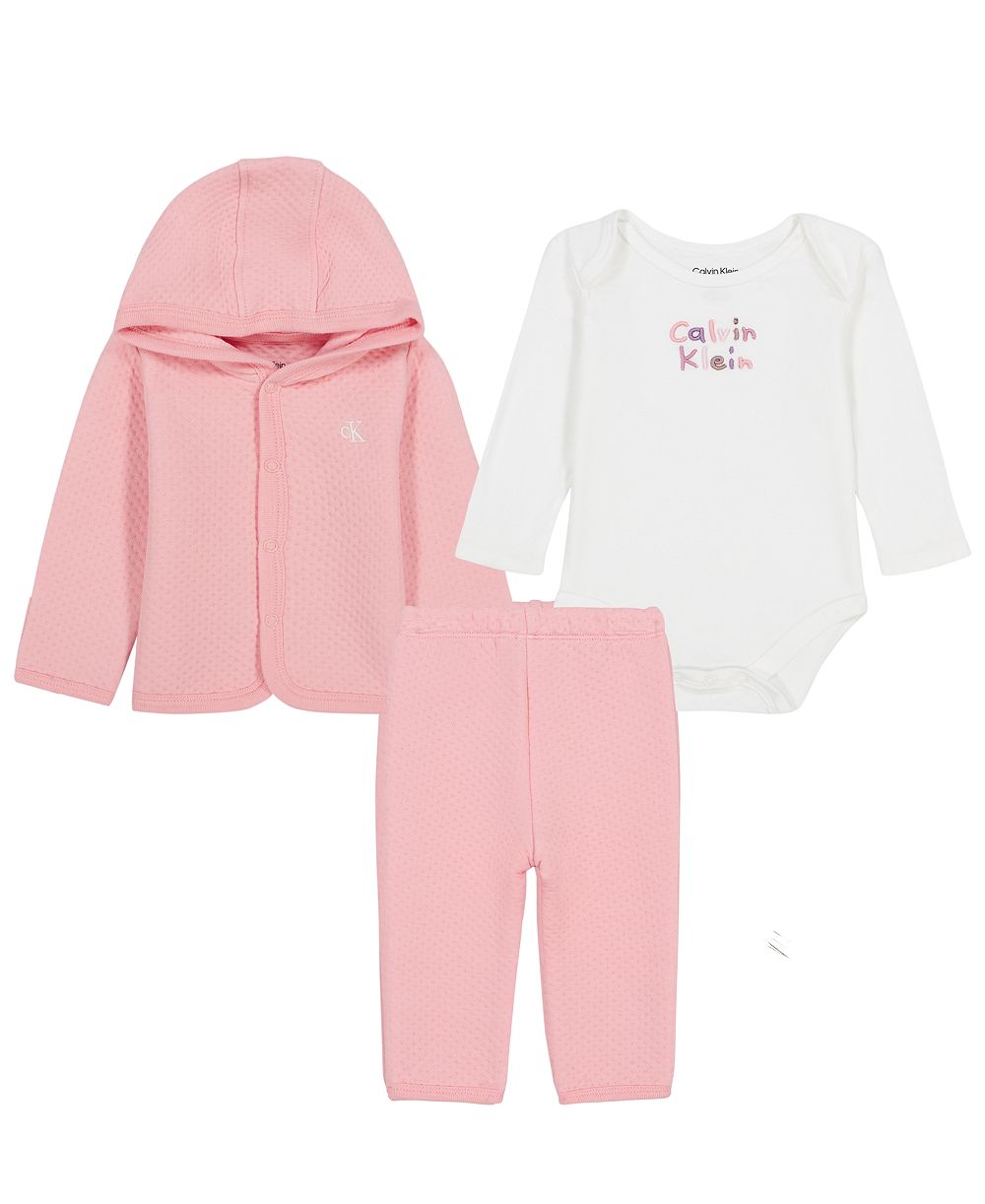 Calvin Klein Baby Girls' Hooded Jacket, Bodysuit and Pants, 3-Piece Set