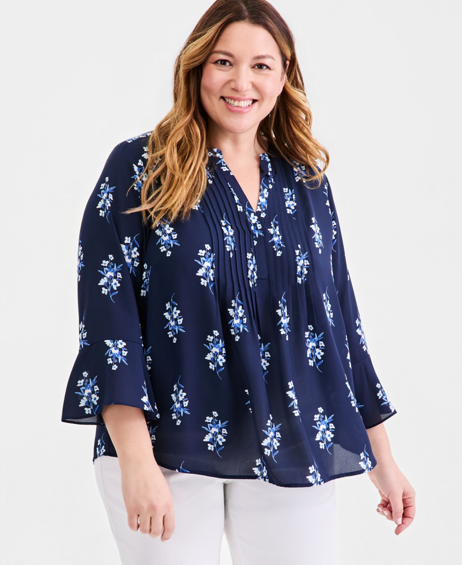 Style & Co Plus Size Printed Pintuck Bell-Sleeve Top, Macy's Exclusive