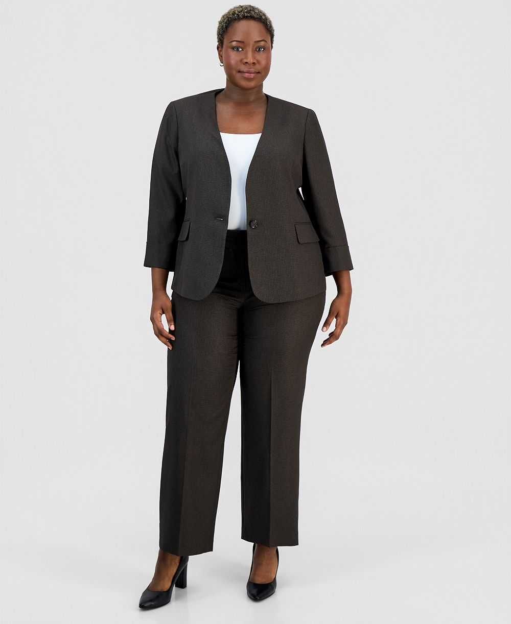 Le Suit Костюм Plus Size: жакет без воротника на одной пуговице и широкие брюки
