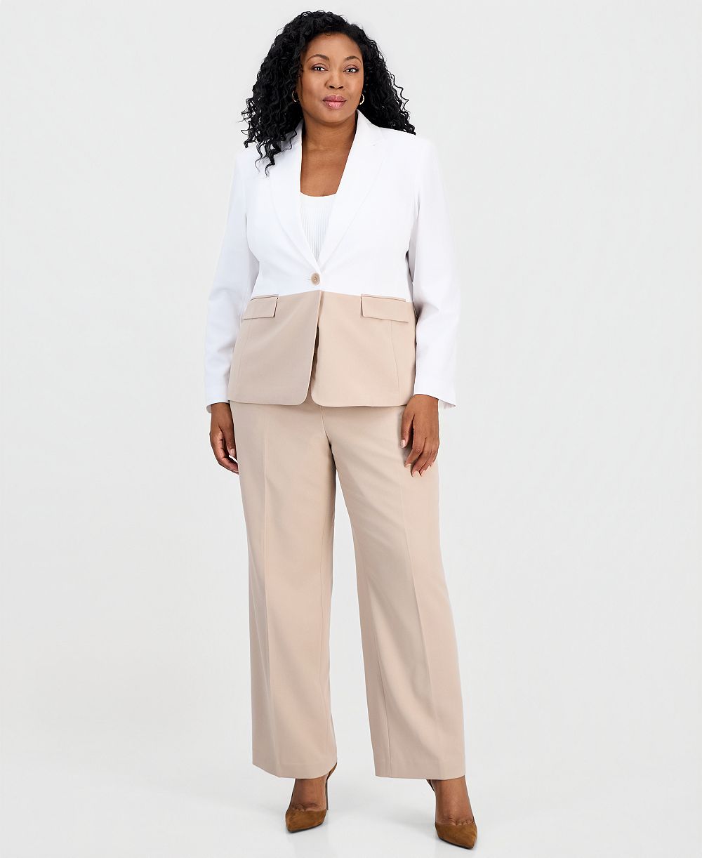 Le Suit Plus Size Colorblocked One-Button Peplum Jacket & Fly-Front Wide-Leg Pants Suit
