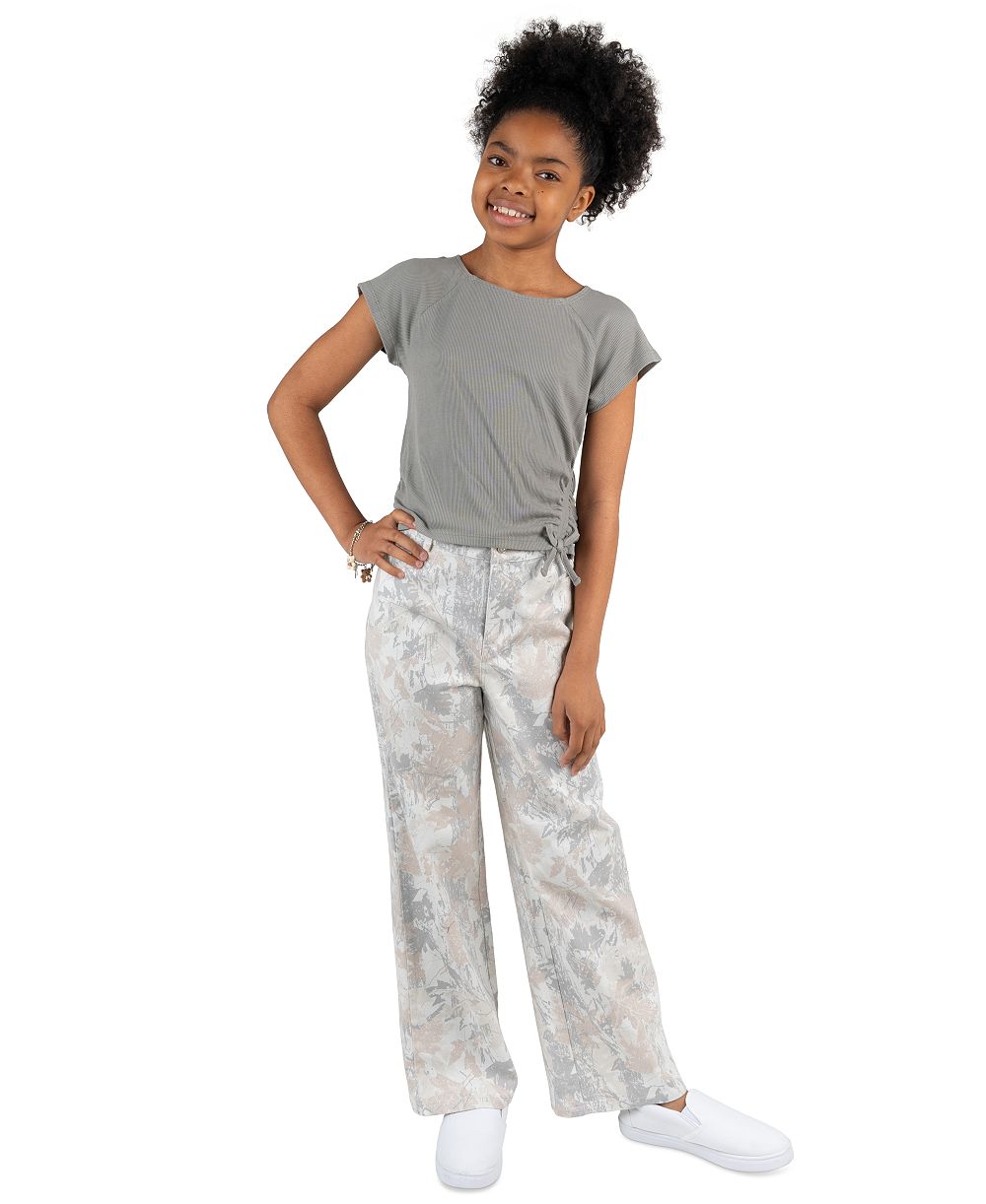 Tween Diva Girls' 7-12 Rib Knit T-Shirt and Printed Twill Pants, 2-Piece Set