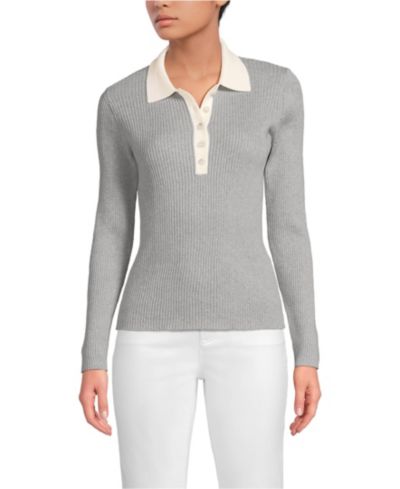 Lands' End Women's Cotton Ribbed Long Sleeve Polo Sweater