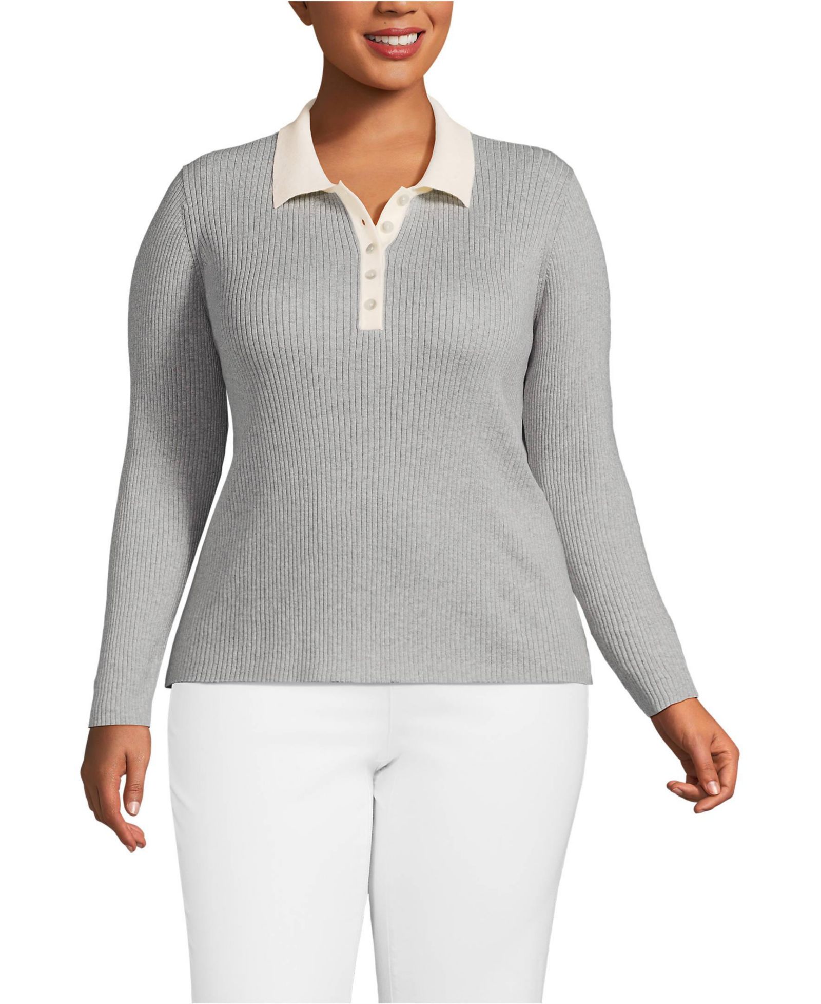 Lands' End Plus Size Cotton Ribbed Long Sleeve Polo Sweater