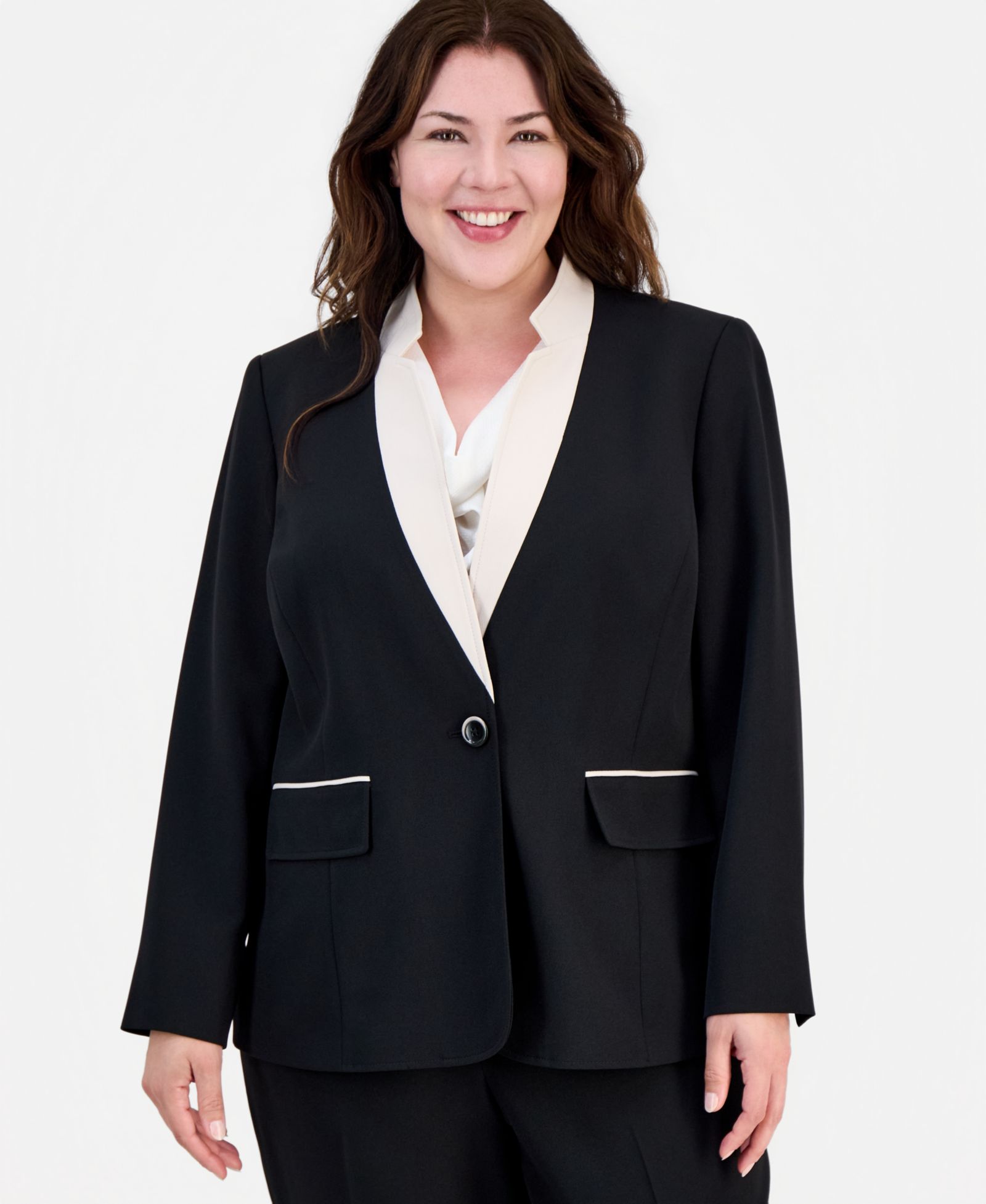 Kasper Plus Size Contrast Collar One-Button Blazer