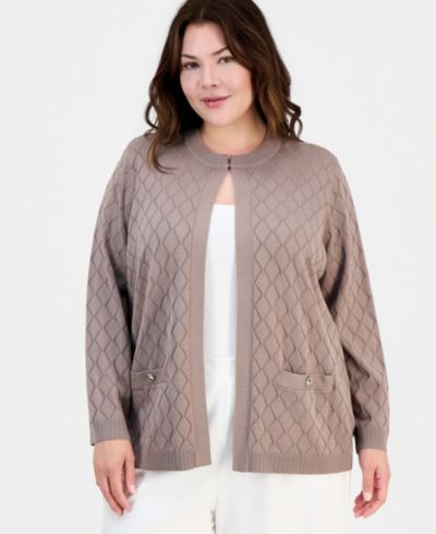 Kasper Plus Size Kiss-Front Diamond Stitch Cardigan