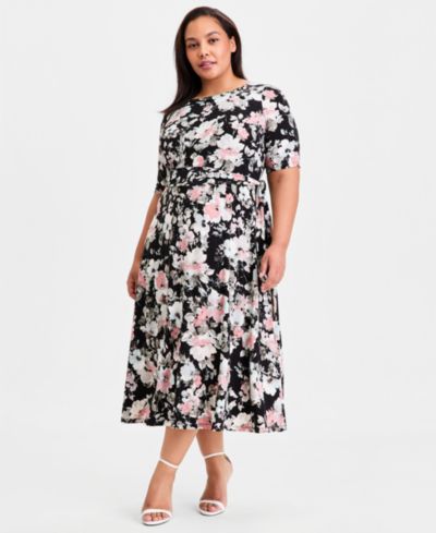 Kasper Plus size Floral Elbow-Sleeve Fit & Flare Dress