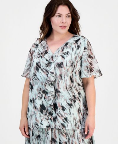 Женская блузка Kasper Plus Size Printed Ruffled Flutter-Sleeve