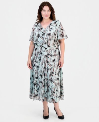 Kasper Plus Size Printed Pull-On Midi Skirt