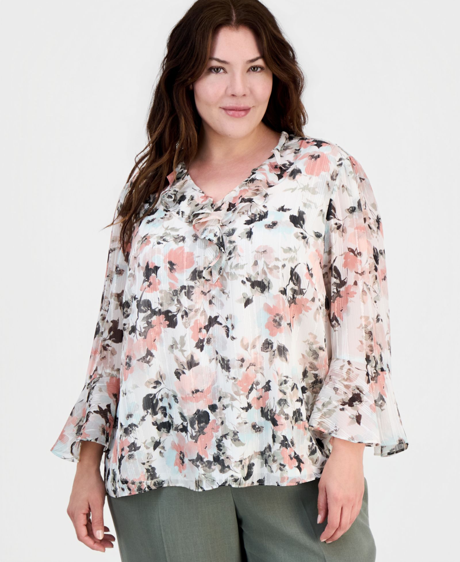 Kasper Plus size Ruffle-Front V-Neck Blouse
