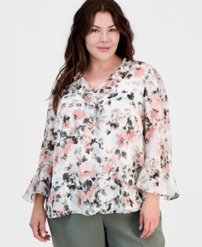 Блузка Kasper Plus size с рюшами и V-образным вырезом