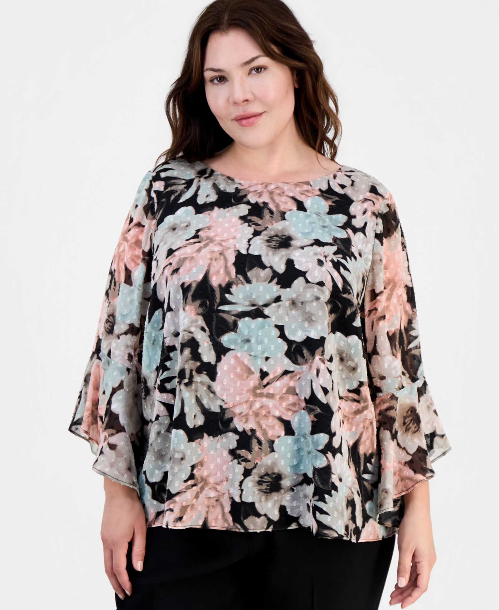 Kasper Топ Plus size Floral Clip-Dot с рукавом 3/4