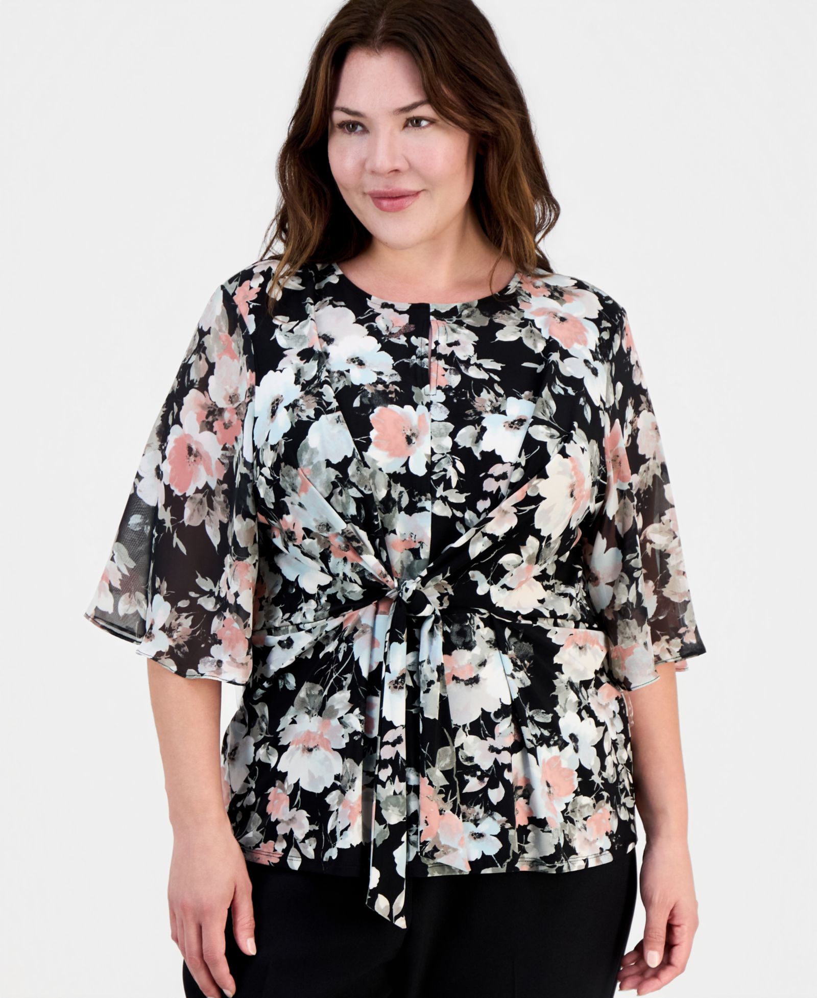 Kasper Plus Size Printed Knot-Front Flutter-Sleeve Top