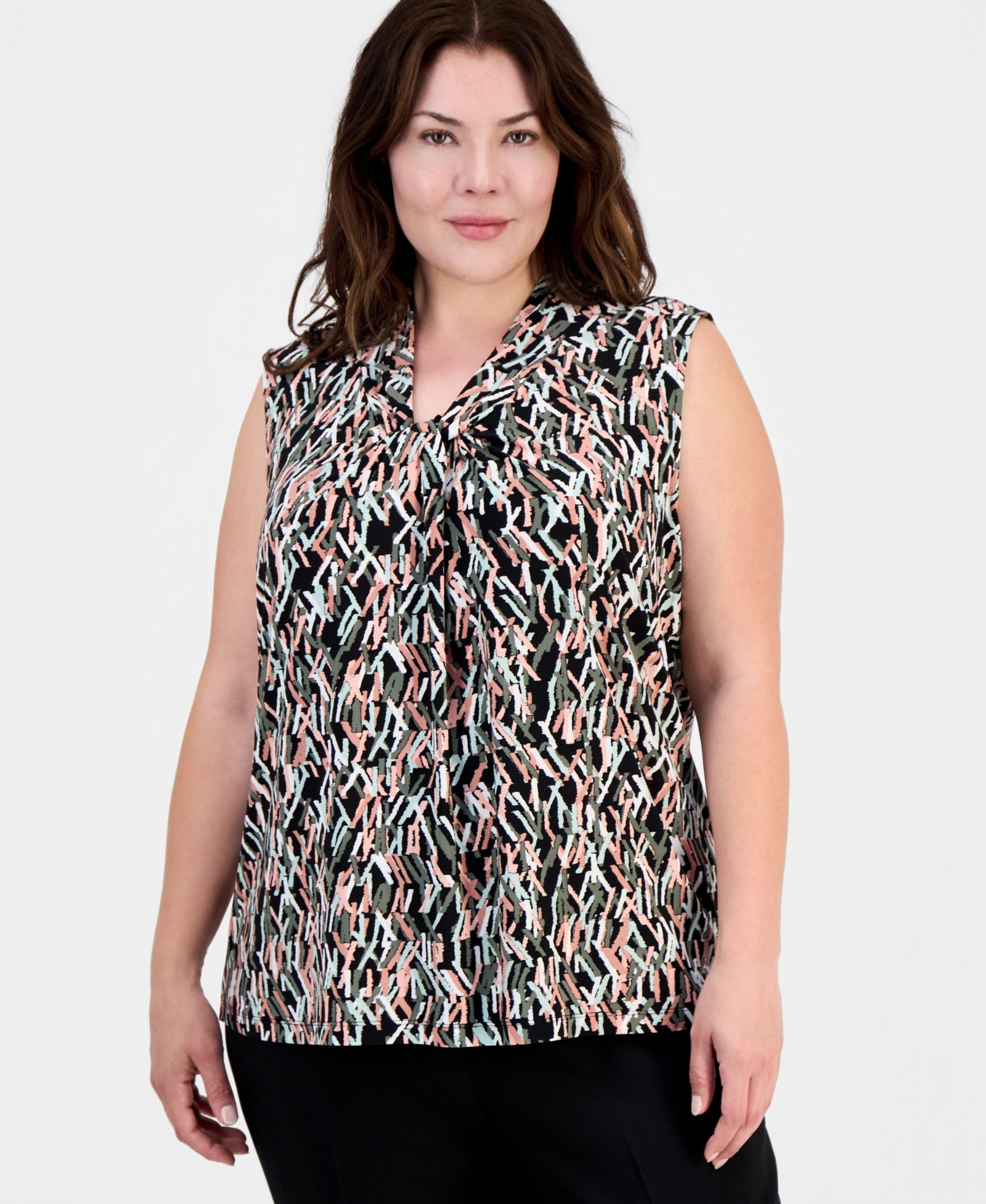 Kasper Plus Size Printed Knot-Neck Sleeveless Top