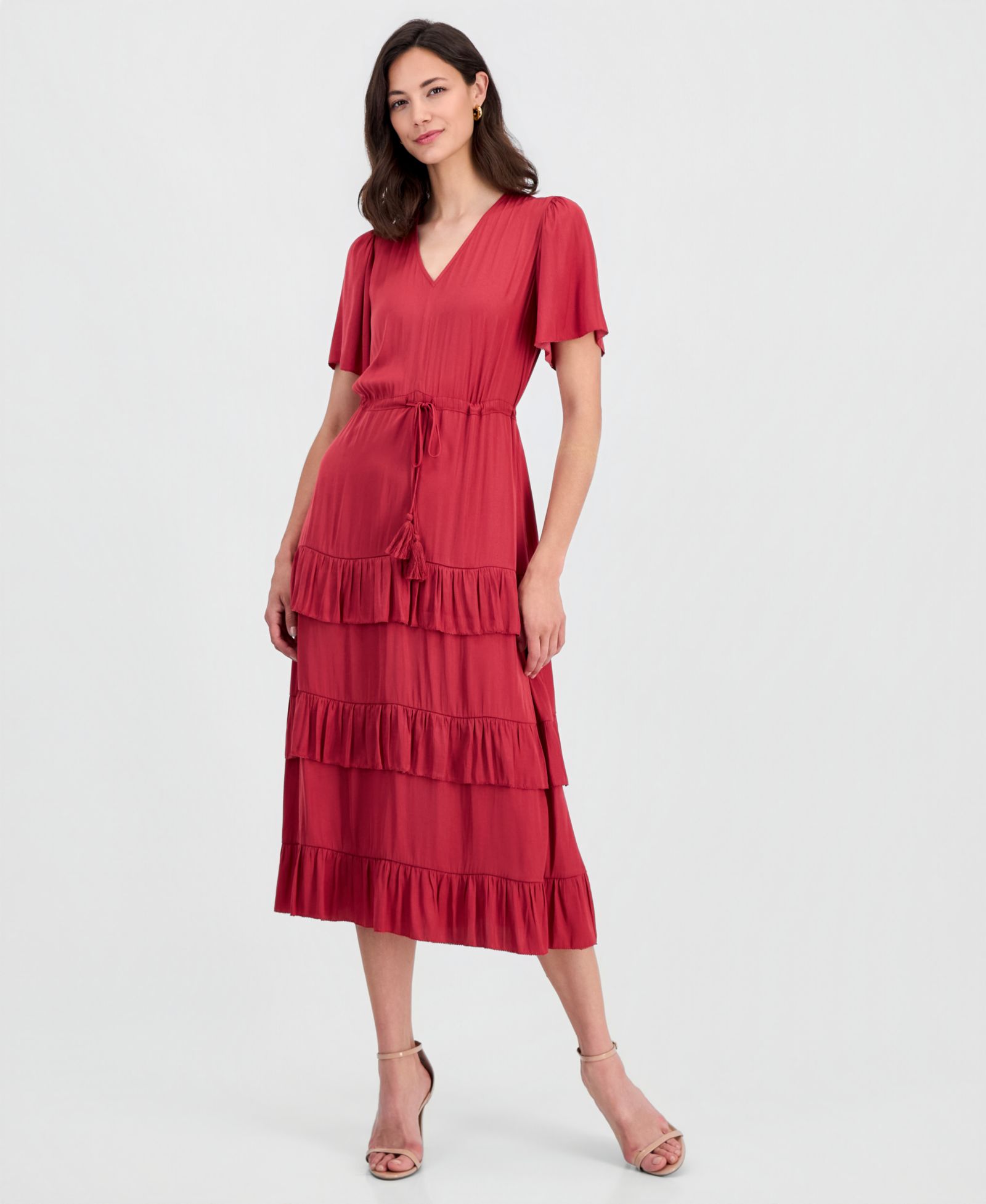 T Tahari Women's V-Neck Short-Sleeve Tiered-Ruffle Dress