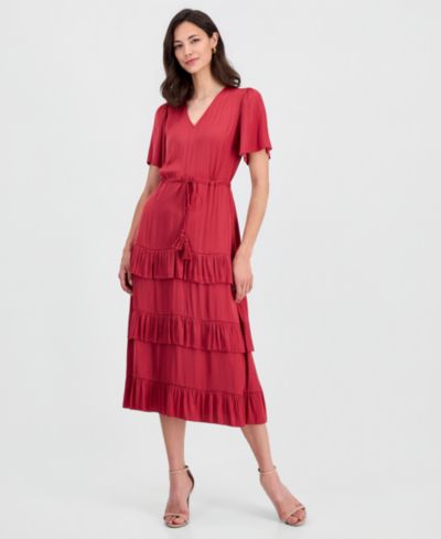 T Tahari Women's V-Neck Short-Sleeve Tiered-Ruffle Dress