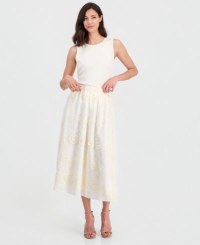 T Tahari Women's Pull-On Floral-Embroidered Midi Skirt