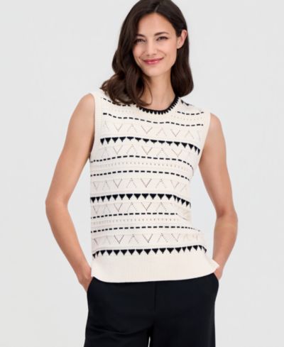 T Tahari Women's Crewneck Sleeveless Pointelle Top