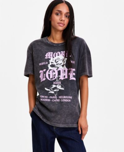 Rebellious One Juniors' Cotton Rose Love Mineral Wash Boyfriend Tee