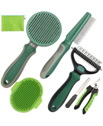 ARONKL Dog Grooming Kit 7-Piece Deshedding Undercoat Rake Slicker Dematting Comb Clipper Bath Brush for Dogs Cats
