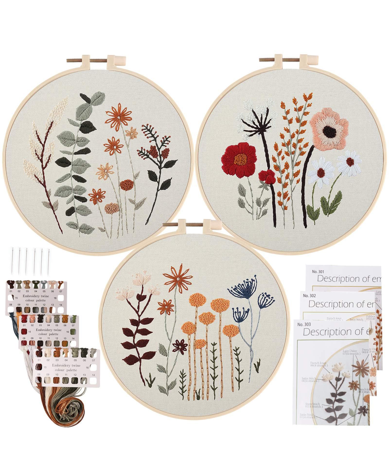 GNUADZ 3 Pack Embroidery Starter Kit Beginners Stamped Cross Cute Flowers Patterns Hoop Threads Adults