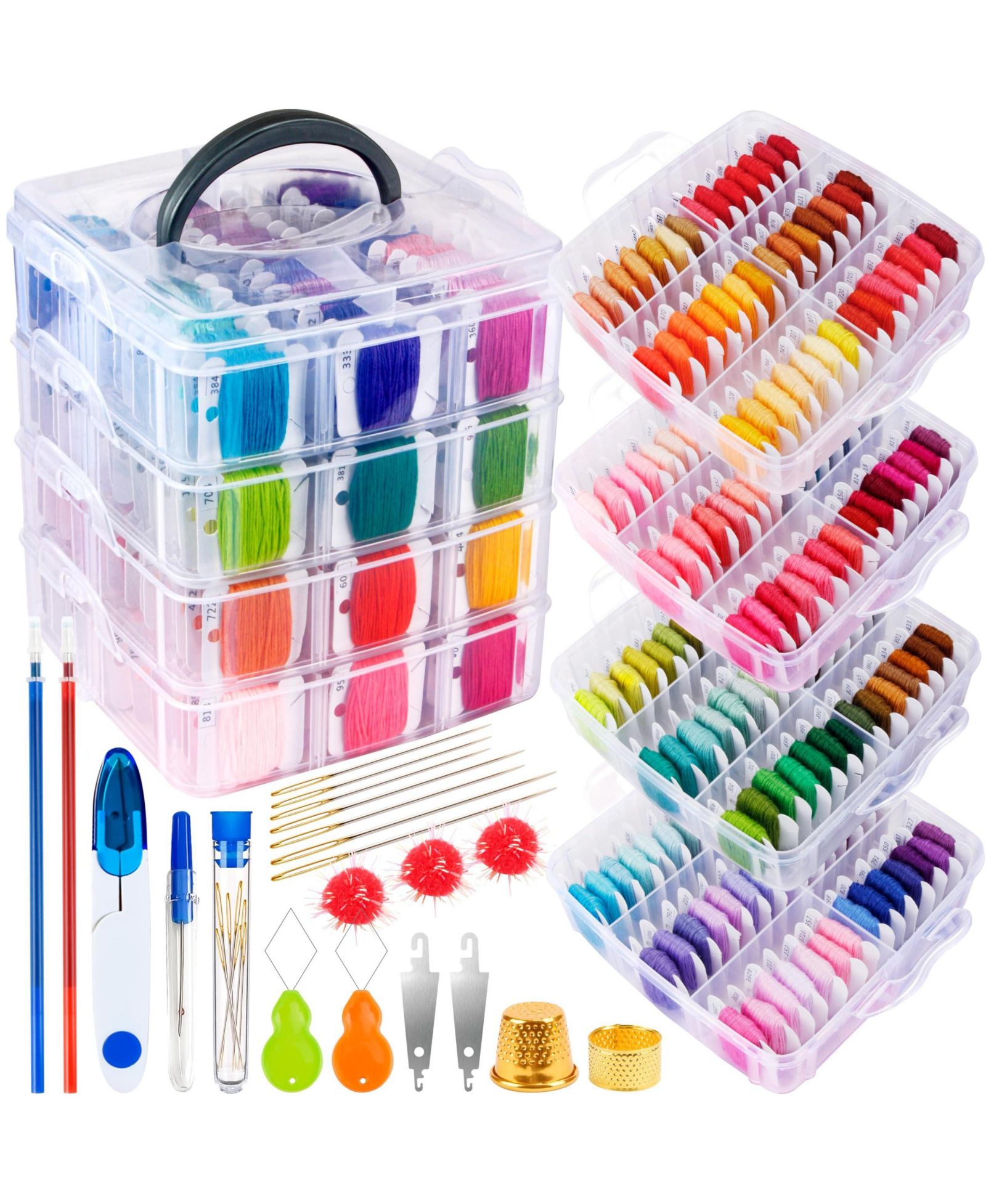 GNUADZ 262Pack Embroidery Thread Floss Kit Cross Sewing Storage Box Tools 4-tier